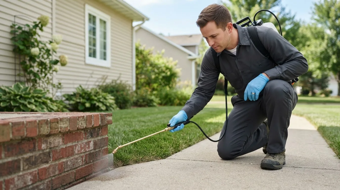 Pest control technician treating a home near West Warwick, RI